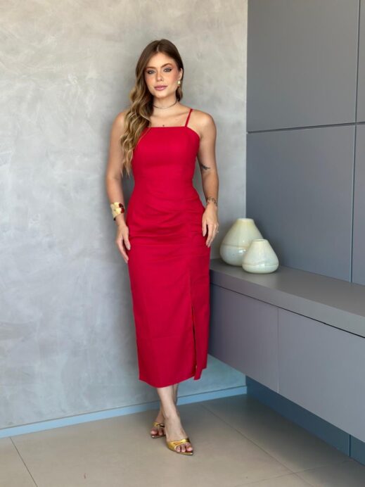 VESTIDO MIDI LINHO VERMELHO FERNANDA